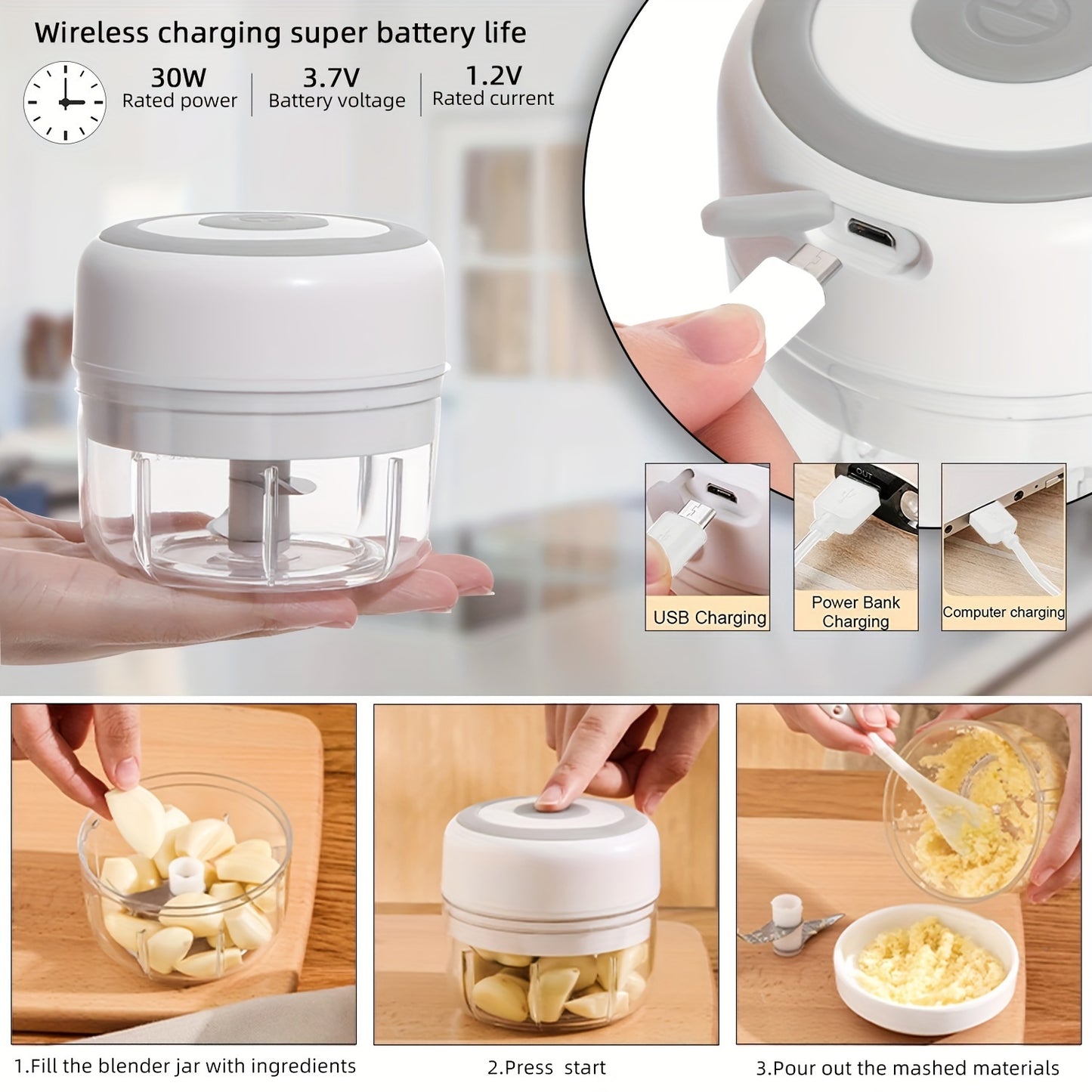 1Pieces,8.45Ounce Capacity,USB Charging Cooking Machine,Kitchen Mashed Garlic Machine,Small Automatic Cooking Machine,Multi-Scenario Tool,Multiple Colors,Kitchen Supplies