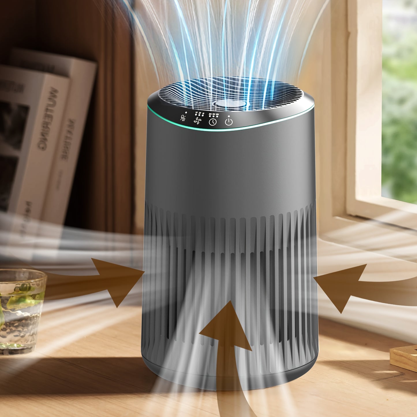 Home air cleaner,Suitable for Bedroom,Coverage area can reach up to225Square Feet,26dB Tranquility,HEPA 3Combination1Filter,With blue ambient light sleep mode,Remove dust、Smoke pollutants、Odor Virus,MR2566,Gray(1Bag)