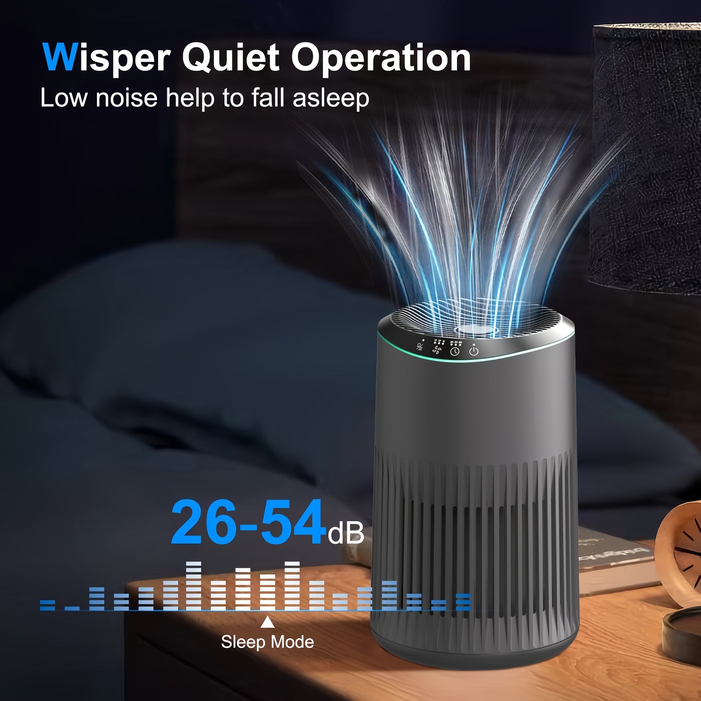 Home air cleaner,Suitable for Bedroom,Coverage area can reach up to225Square Feet,26dB Tranquility,HEPA 3Combination1Filter,With blue ambient light sleep mode,Remove dust、Smoke pollutants、Odor Virus,MR2566,Gray(1Bag)