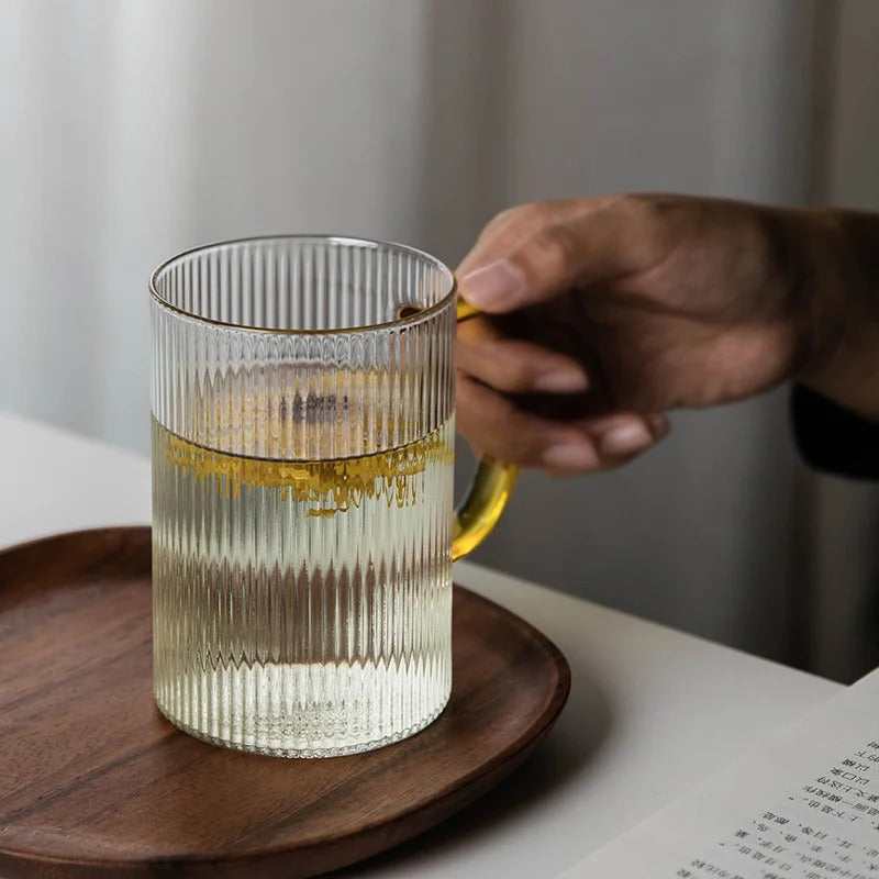 Classical Vertical Stripes Glass Coffee Mug With Golden Handle Milk Tea Cup Water Juice Beer Whiskey Cocktails Drinkware