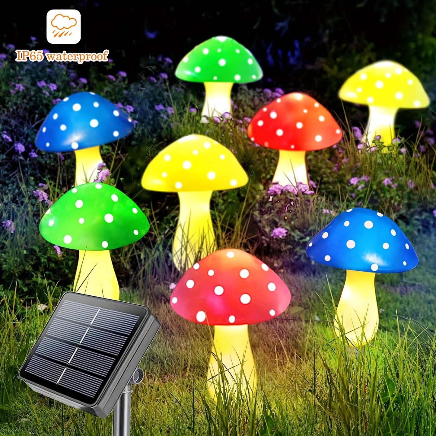 8One Solar Mushroom Lamp，Outdoor Garden Path LED Lamp，8Mode，Perfect for Christmas、Thanksgiving and New Year Gifts，Suitable for Courtyard、Garden、Lawn、Trail and Cemetery Decoration，Plastic Lamps with Solar Charging，800mAh Nickel Battery，Button Control，Semi-