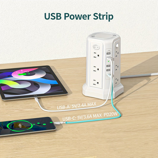 New Upgrade PASSUS Tower Surge Protector Power Cord PD-18W/20W，10.2 Feet Extension Cord，Belt 12 An AC outlet and 5 个 USB Charging Port，Suitable for Families、Office、Surge Protection for Dormitory