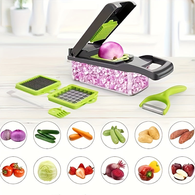 12/16Set，Vegetable chopper，Multifunctional Fruit Slicer，Handle Food Grater，Vegetable slicer，Cutter with Container，Onion One with Multi-Chopper Interchangeable Blades，Household Potato Shredder，Kitchen Supplies，Kitchen Accessories