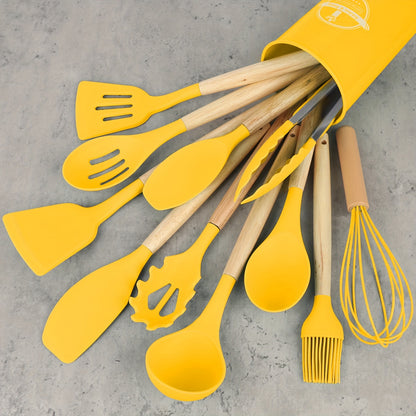 12Set，Silicone kitchenware set，Kitchenware set，Security Cooking Utensils Suit，Non-Stick Pan with Wooden Handle Cooking Utensils Suit，Washable Modern Cookware，Kitchen Supplies，Kitchen Gadgets，Kitchen Essential Kitchen Accessories