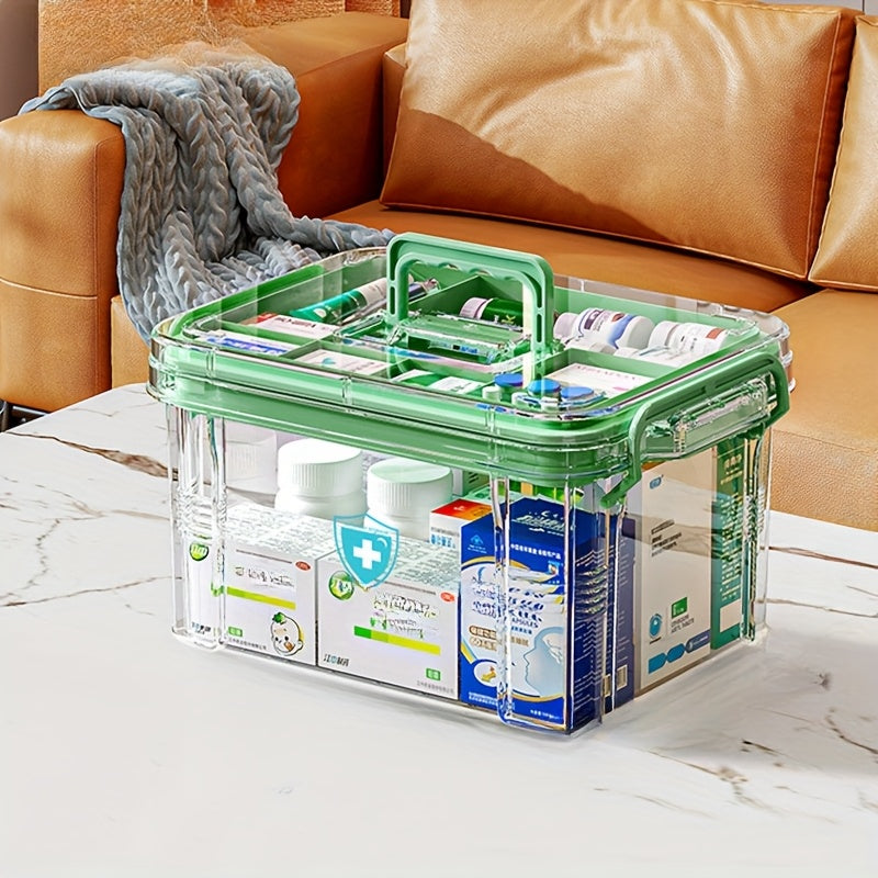 Spacious Double-Layer Transparent Medicine Storage Box，With Black Handle - Waterproof、Durable PP Material，9.54 Inches Wide x 6.69 Inches Deep x 5.31 Inches High - Perfect for Home and Bedroom Emergency Supplies Storage Box、First Aid Storage Box