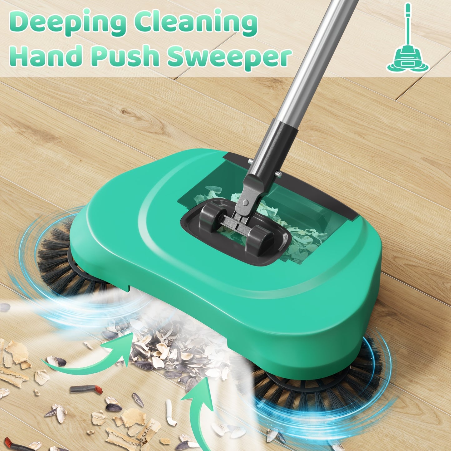 Manual Broom Pusher，Multifunctional Cleaning Tool with Sweeping and Mopping Functions，Long Handle Push Broom with Automatic Spiral Deep Cleaning System，Easy to clean, fits the floor，Suitable for Hardwood Floors、Tile、Kitchen、Home、Office，Cleaning Supplies，C