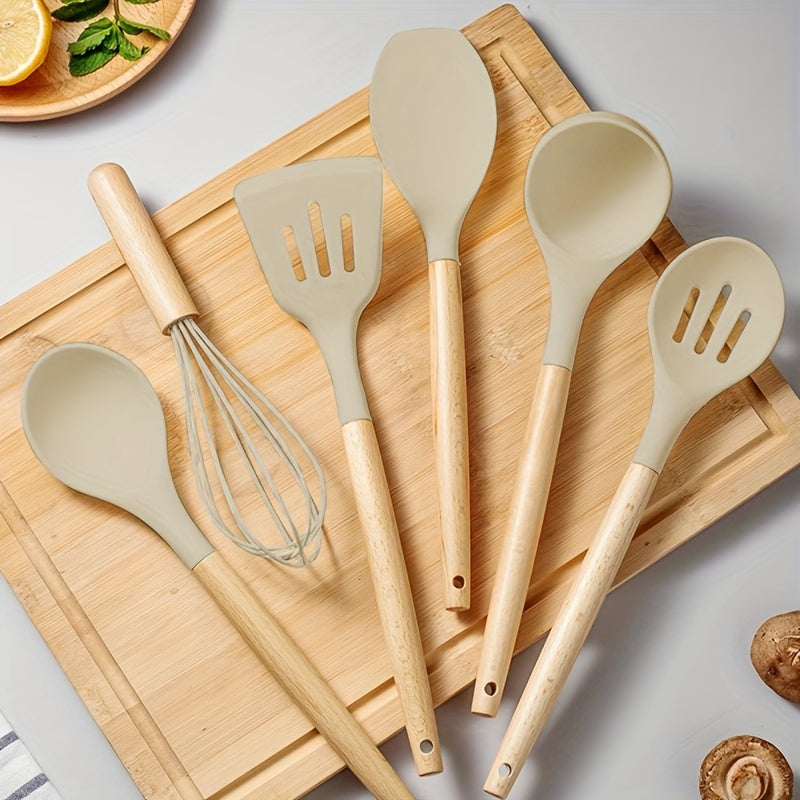 12Set，Silicone kitchenware set，Kitchenware set，Security Cooking Utensils Suit，Non-Stick Pan with Wooden Handle Cooking Utensils Suit，Washable Modern Cookware，Kitchen Supplies，Kitchen Gadgets，Kitchen Essential Kitchen Accessories