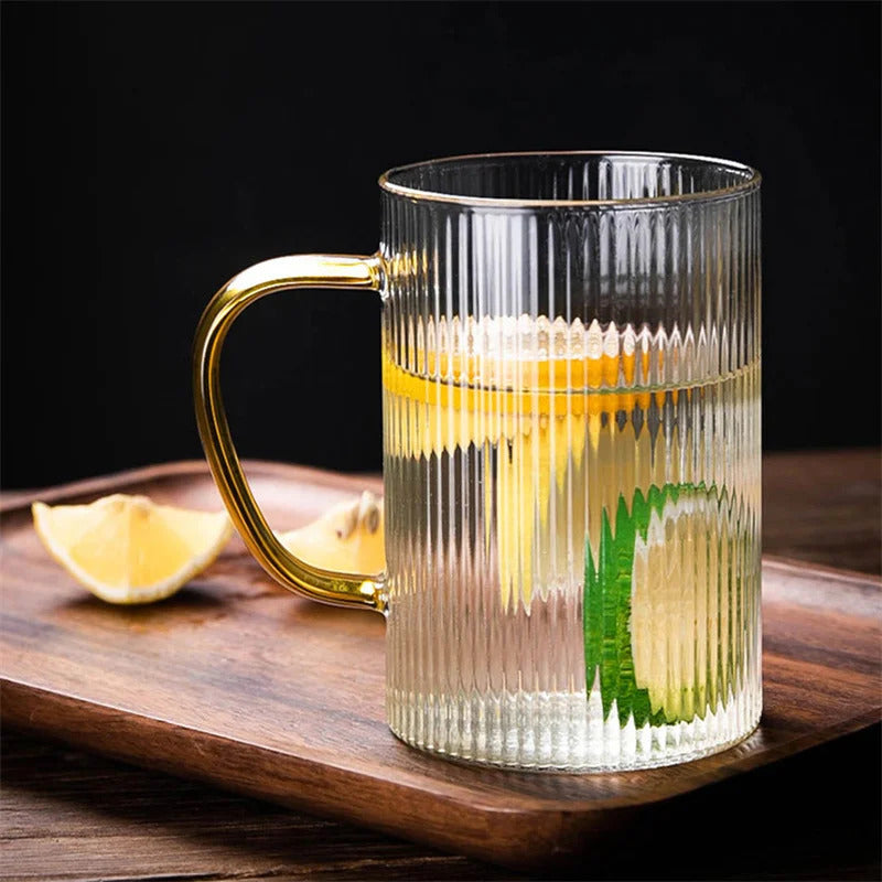 Classical Vertical Stripes Glass Coffee Mug With Golden Handle Milk Tea Cup Water Juice Beer Whiskey Cocktails Drinkware