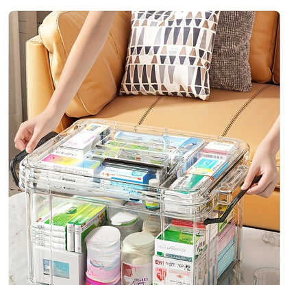 Spacious Double-Layer Transparent Medicine Storage Box，With Black Handle - Waterproof、Durable PP Material，9.54 Inches Wide x 6.69 Inches Deep x 5.31 Inches High - Perfect for Home and Bedroom Emergency Supplies Storage Box、First Aid Storage Box