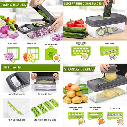 12/16Set，Vegetable chopper，Multifunctional Fruit Slicer，Handle Food Grater，Vegetable slicer，Cutter with Container，Onion One with Multi-Chopper Interchangeable Blades，Household Potato Shredder，Kitchen Supplies，Kitchen Accessories