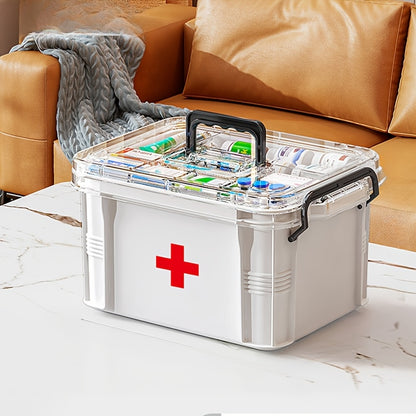 Spacious Double-Layer Transparent Medicine Storage Box，With Black Handle - Waterproof、Durable PP Material，9.54 Inches Wide x 6.69 Inches Deep x 5.31 Inches High - Perfect for Home and Bedroom Emergency Supplies Storage Box、First Aid Storage Box