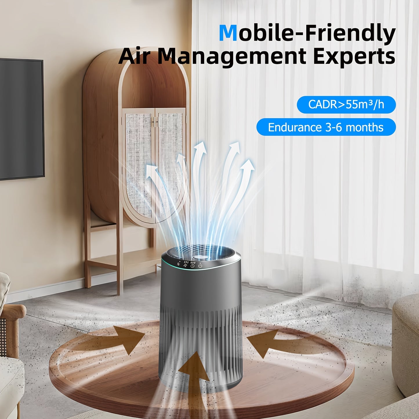 Home air cleaner，Suitable for Bedroom，Coverage area can reach up to225Square Feet，26dB Tranquility，HEPA 3Combination1Filter，With blue ambient light sleep mode，Remove dust、Smoke pollutants、Odor Virus，MR2566，Gray（1Bag）