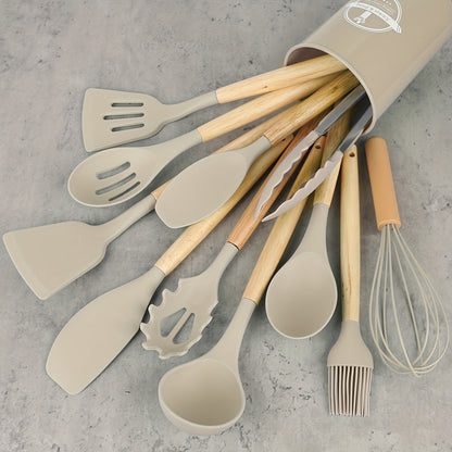 12Set，Silicone kitchenware set，Kitchenware set，Security Cooking Utensils Suit，Non-Stick Pan with Wooden Handle Cooking Utensils Suit，Washable Modern Cookware，Kitchen Supplies，Kitchen Gadgets，Kitchen Essential Kitchen Accessories