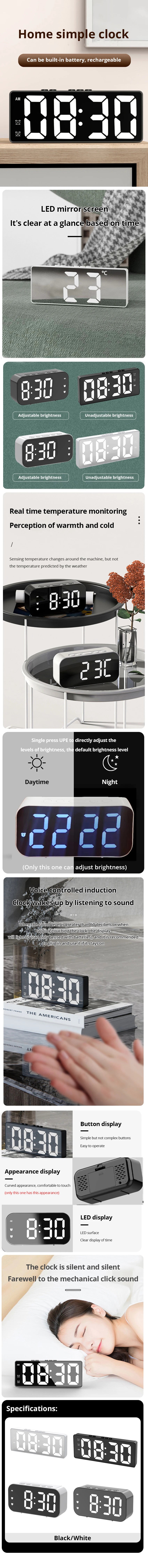 LED Mirror Table Clock Digital Alarm Snooze Display Time Desktop Electronic Table Clocks Desktop Clock