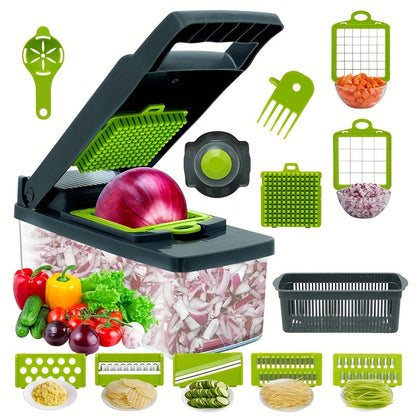 12/16Set，Vegetable chopper，Multifunctional Fruit Slicer，Handle Food Grater，Vegetable slicer，Cutter with Container，Onion One with Multi-Chopper Interchangeable Blades，Household Potato Shredder，Kitchen Supplies，Kitchen Accessories