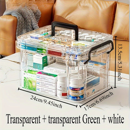 Spacious Double-Layer Transparent Medicine Storage Box，With Black Handle - Waterproof、Durable PP Material，9.54 Inches Wide x 6.69 Inches Deep x 5.31 Inches High - Perfect for Home and Bedroom Emergency Supplies Storage Box、First Aid Storage Box