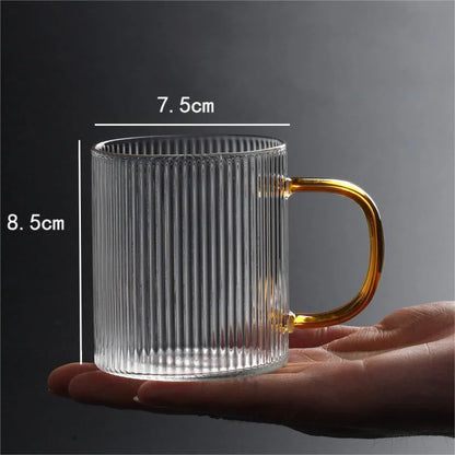 Classical Vertical Stripes Glass Coffee Mug With Golden Handle Milk Tea Cup Water Juice Beer Whiskey Cocktails Drinkware