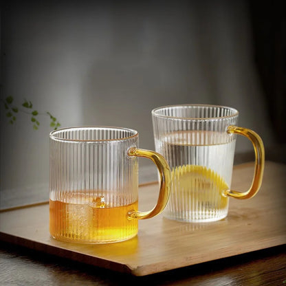 Classical Vertical Stripes Glass Coffee Mug With Golden Handle Milk Tea Cup Water Juice Beer Whiskey Cocktails Drinkware