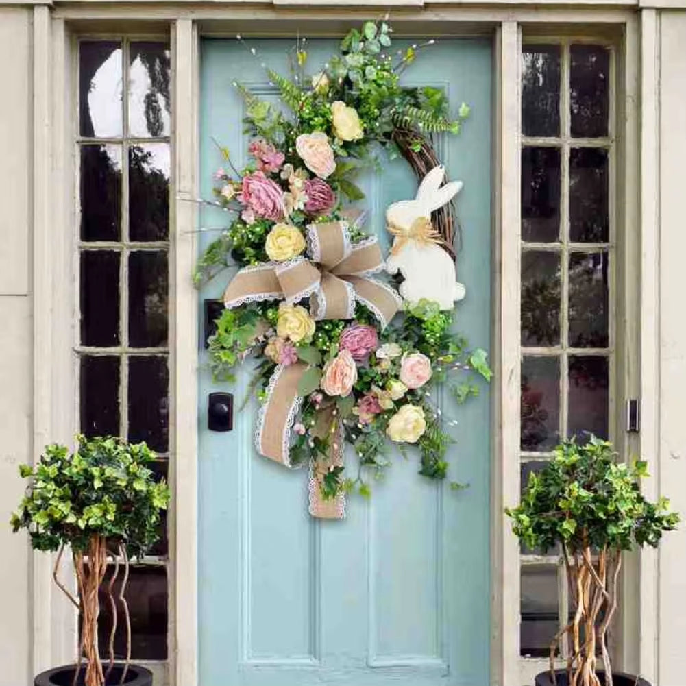 Easter Rattan Wreath Decor For Front Door Spring Wreath With Bunny Artificial Flower Green Leaves Farmhouse Wreaths Decoration