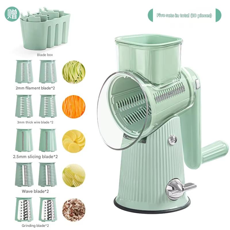 SUSTEAS Rotary Cheese Grater with Handle with 5 Well-designed Blades & Strong Suction Base, Mandoline Slicer & Vegetable Grater Rotary for Kitchen