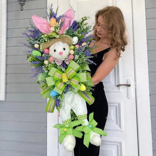 Easter Rattan Wreath Decor For Front Door Spring Wreath With Bunny Artificial Flower Green Leaves Farmhouse Wreaths Decoration