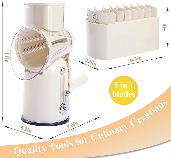 SUSTEAS Rotary Cheese Grater with Handle with 5 Well-designed Blades & Strong Suction Base, Mandoline Slicer & Vegetable Grater Rotary for Kitchen