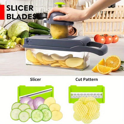 12/16Set，Vegetable chopper，Multifunctional Fruit Slicer，Handle Food Grater，Vegetable slicer，Cutter with Container，Onion One with Multi-Chopper Interchangeable Blades，Household Potato Shredder，Kitchen Supplies，Kitchen Accessories