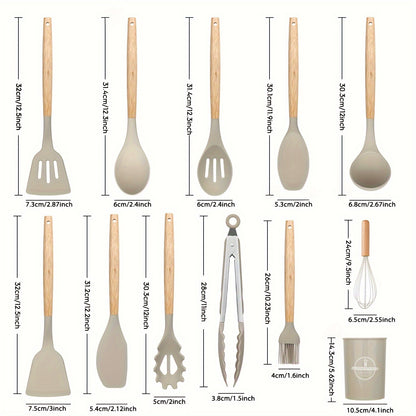 12Set，Silicone kitchenware set，Kitchenware set，Security Cooking Utensils Suit，Non-Stick Pan with Wooden Handle Cooking Utensils Suit，Washable Modern Cookware，Kitchen Supplies，Kitchen Gadgets，Kitchen Essential Kitchen Accessories