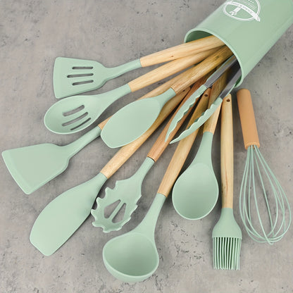 12Set，Silicone kitchenware set，Kitchenware set，Security Cooking Utensils Suit，Non-Stick Pan with Wooden Handle Cooking Utensils Suit，Washable Modern Cookware，Kitchen Supplies，Kitchen Gadgets，Kitchen Essential Kitchen Accessories