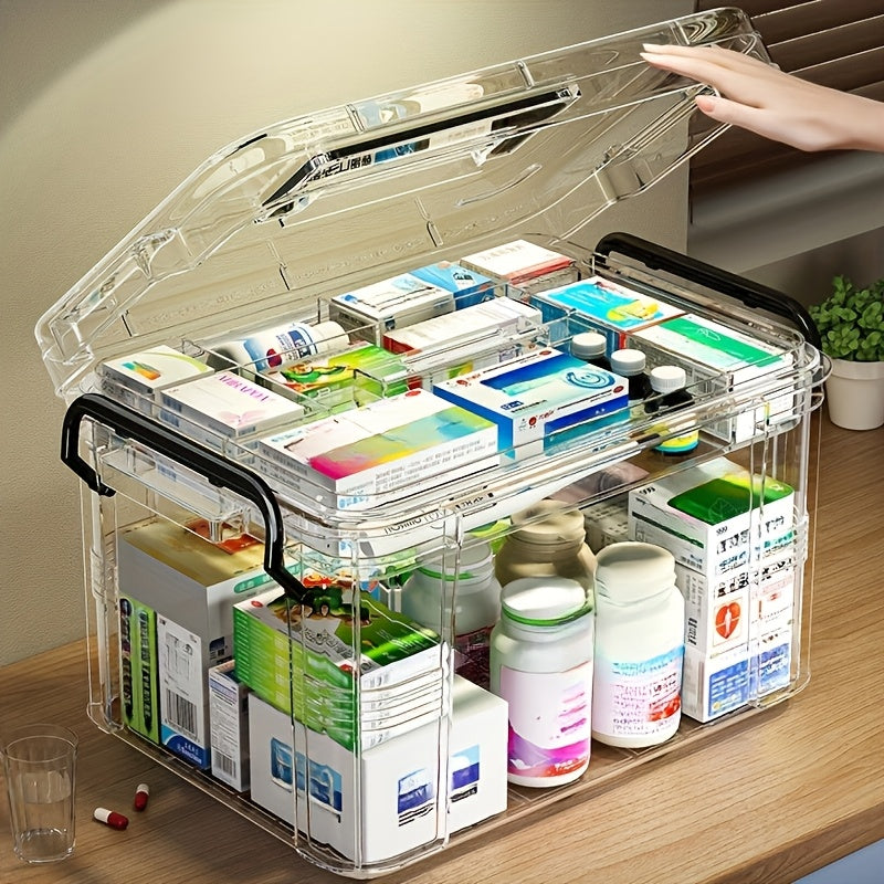 Spacious Double-Layer Transparent Medicine Storage Box，With Black Handle - Waterproof、Durable PP Material，9.54 Inches Wide x 6.69 Inches Deep x 5.31 Inches High - Perfect for Home and Bedroom Emergency Supplies Storage Box、First Aid Storage Box