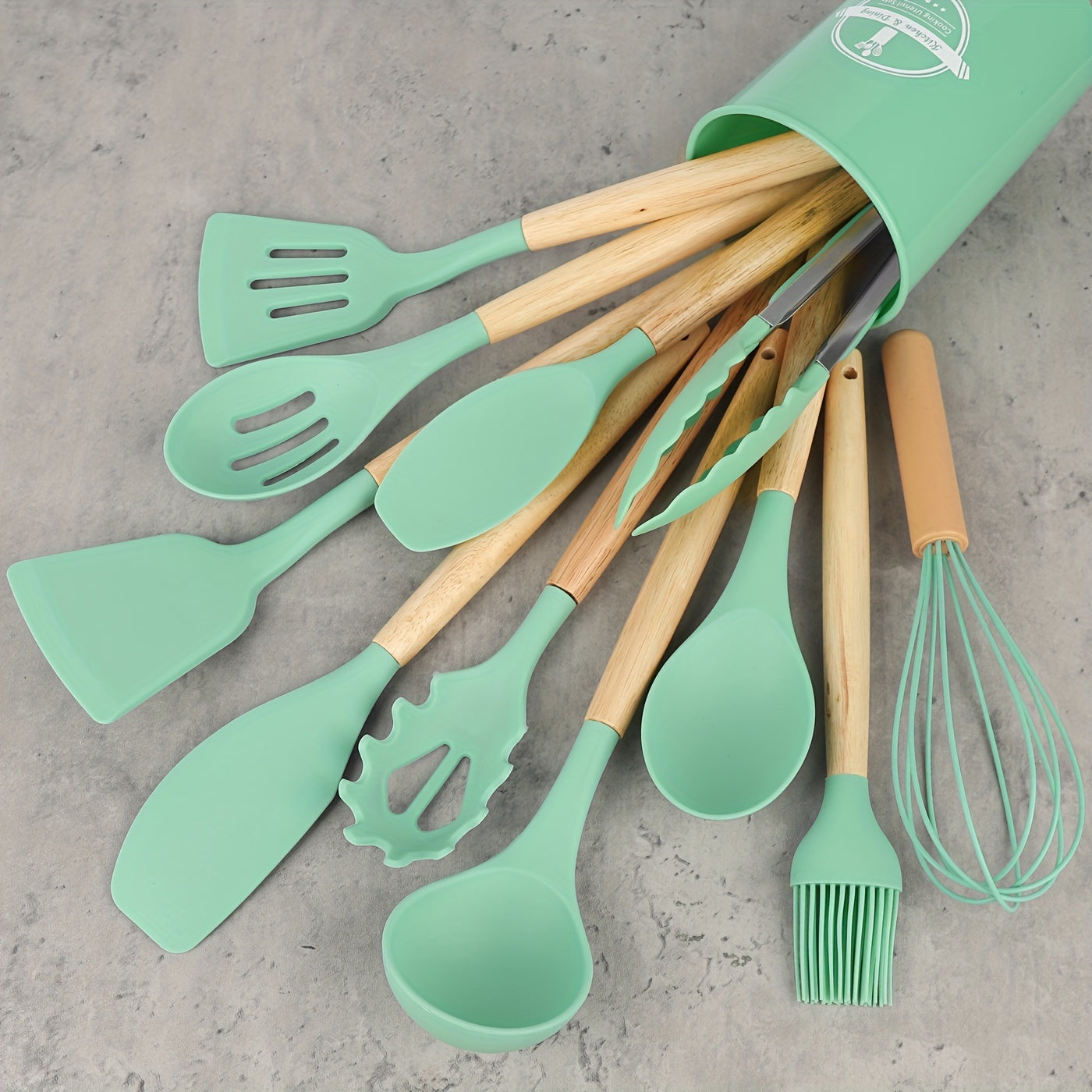 12Set，Silicone kitchenware set，Kitchenware set，Security Cooking Utensils Suit，Non-Stick Pan with Wooden Handle Cooking Utensils Suit，Washable Modern Cookware，Kitchen Supplies，Kitchen Gadgets，Kitchen Essential Kitchen Accessories