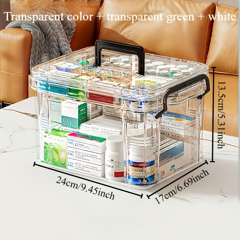 Spacious Double-Layer Transparent Medicine Storage Box，With Black Handle - Waterproof、Durable PP Material，9.54 Inches Wide x 6.69 Inches Deep x 5.31 Inches High - Perfect for Home and Bedroom Emergency Supplies Storage Box、First Aid Storage Box