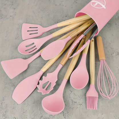 12Set，Silicone kitchenware set，Kitchenware set，Security Cooking Utensils Suit，Non-Stick Pan with Wooden Handle Cooking Utensils Suit，Washable Modern Cookware，Kitchen Supplies，Kitchen Gadgets，Kitchen Essential Kitchen Accessories